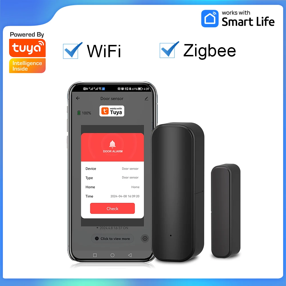WiFi 또는 Zigbee 도어 센서 Tuya 스마트 홈 보안 도어 열림 경고 센서 창 SensorAlarm 시스템 음성 제어