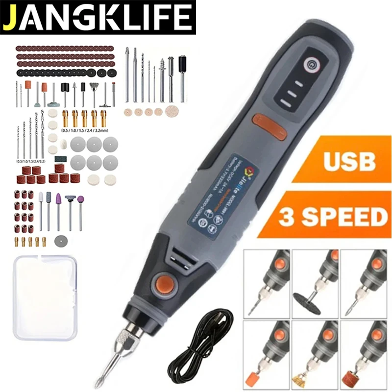 JANGKLIFE USB 무선 로타리 도구 Dremel 미니 드릴 조각 펜 전기 미니 무선 드릴 액세서리 DIY 세트