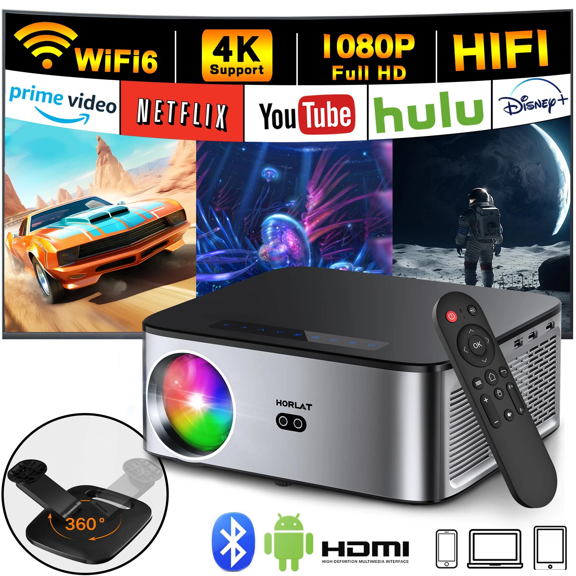 HORLAT 35000루멘 안드로이드 4K 프로젝터 8K 디코딩 비디오 오디오 홈 시어터 자동 초점 키스톤 5G WiFi 휴대용 프로젝터 비머