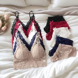 여성용 레이스 브라 세트, 딥 V 브라 및 팬티 세트, 레이스 브라렛, 심리스 속옷, 자수 친밀한 여성 섹시 란제리 세트