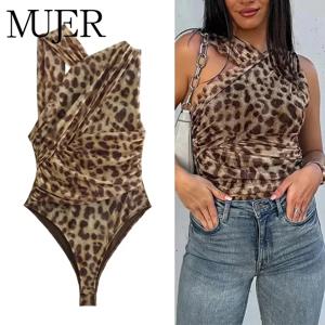 MUJER 2025 레오파드 프린트 메쉬 바디 슈트 여성 오프 숄더 Tulle 섹시한 여성 바디 슬리브리스 타이트 바디 슈트 란제리 여름상의