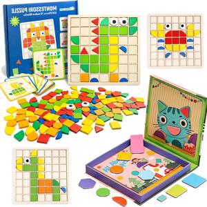 나무 몬테소리 퍼즐 장난감 모자이크 색상 모양 감각 게임 조기 교육 장난감 퍼즐 패턴 블록 유아 선물