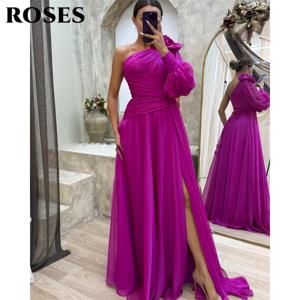 ROSES Fuchsia 여성용 우아한 원 숄더 무도회 원피스, 쉬폰 3D 플라워 비치 웨딩 드레스, 섹시한 사이드 스플릿 이브닝 가운