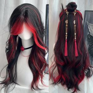 블랙 옴브레 레드 레이어드 합성 가발, 긴 웨이브 여성, 푹신한 로리타 스타일 코스프레 가발, 데일리 파티용 중간 부분