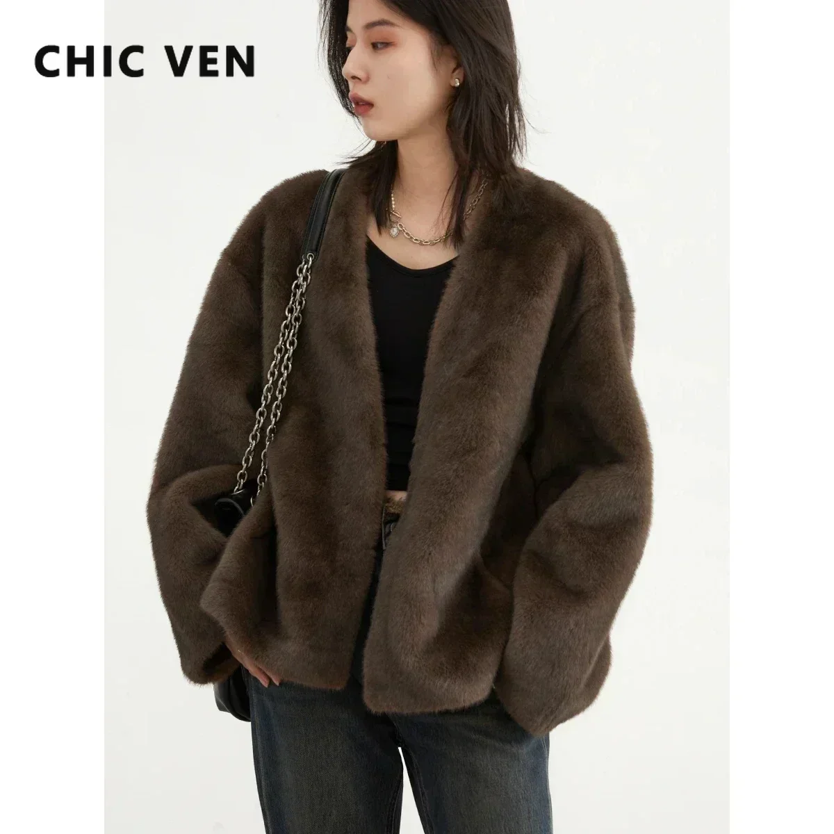 CHIC VEN 여성 자켓 루즈 캐주얼 솔리드 오버코트 새로운 여성 플러시 코트 v 넥 여성 겉옷 가을 겨울 2023
