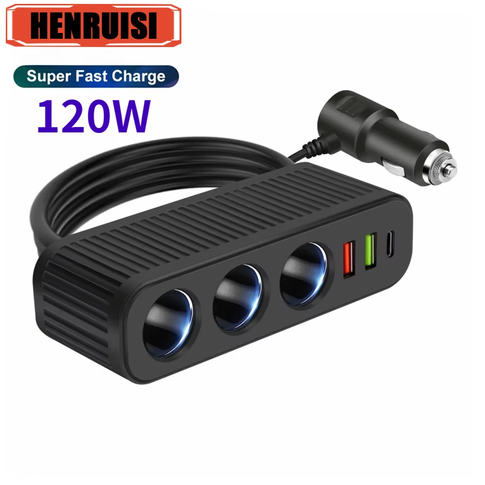 차량용 담배 라이터 USB 충전기 PD 급속 충전 전원 어댑터, 휴대폰 충전기용 다기능 소켓 1 대 4, 120W