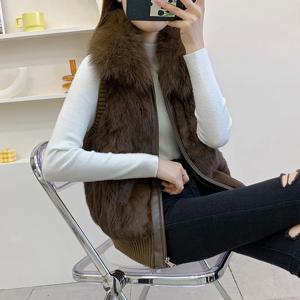 여성 정품 진짜 토끼 모피 조끼 코트 뜨개질 겨울 여우 모피 칼라 모피 자켓 캐주얼 짧은 럭셔리 양복 조끼 아웃웨어