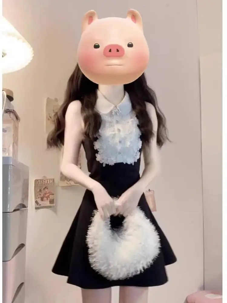 블랙 민소매 조끼 드레스 여성 여름 높은 허리 a 라인 푹신한 짧은 치마 여성을위한 우아한 달콤한 스타일 공주 드레스