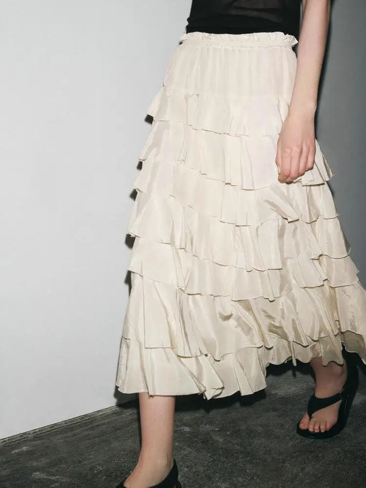 신사 숙녀 우아한 a 라인 Tierred Ruffles Maxi 롱 비치 미디 스커트 세련된 여성 빈티지 럭셔리 고품질 루즈 레이어드 스커트