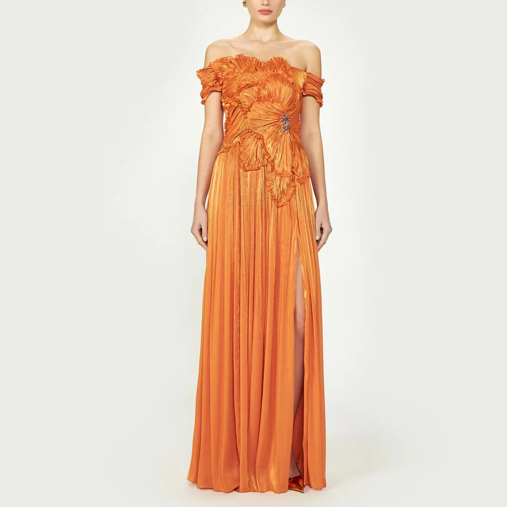 여성을위한 맞춤형 오프 숄더 조젯 댄스 파티 드레스 Pleated A Line فساتين سهرة with Slit Ruching Prom Gown
