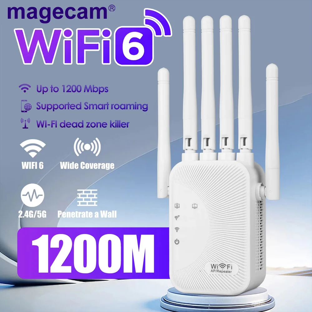 Magecam 1200Mbps 와이파이 증폭기 듀얼 밴드 2.4G 5G 리피터 네트워크 확장기 범위 확장기 WiFi 신호 부스터 무선 공유기