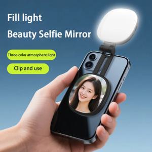 휴대 전화 자기 Selfie 필 라이트 라이브 사진 미니 휴대용 메이크업 거울 접이식 포켓 LED 라이트 휴대 전화 홀더