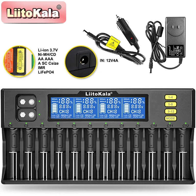 LiitoKala LiI-S12 스마트 충전기 14 슬롯 - 리튬 이온/LiFePO4/Ni-MH/9V 배터리 18650, 26650, AA용 CE 인증 범용 충전기
