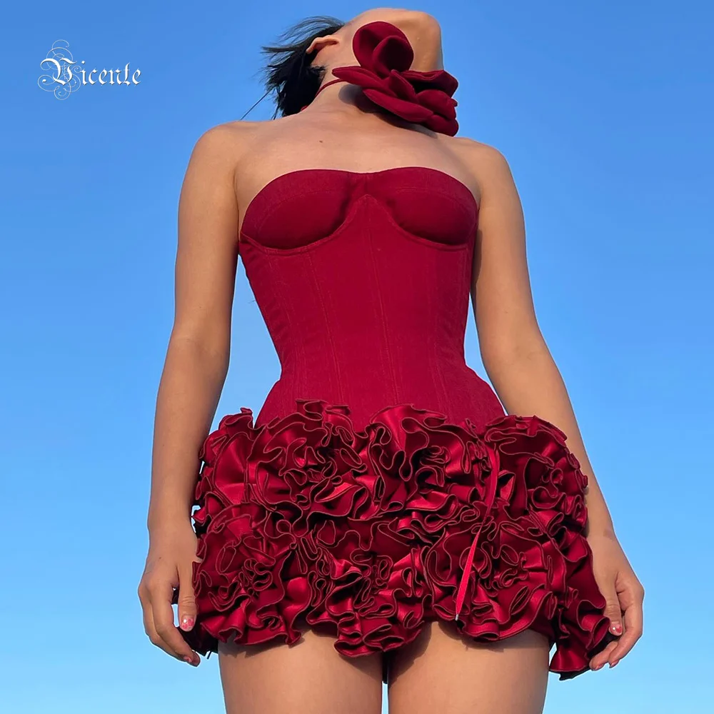 VC 크리스마스 드레스 Strapless Backless 레드 구조화 된 꽃 장식 미니 길이 Bodycon 연예인 파티 칵테일 드레스