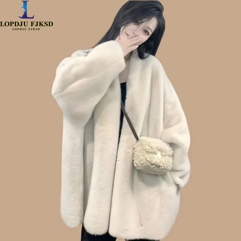 여성용 인조 밍크 모피 코트, 오픈 스티치 재킷, 브이넥 아우터, 두꺼운 모피, 가을 및 겨울, 2024, 신상