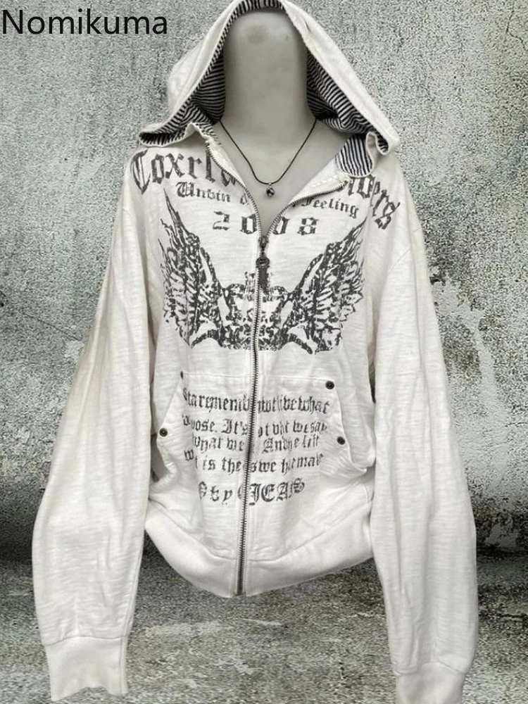 빈티지 스웨터 2025 여성 의류 흰색 인쇄 튜닉 후드 Y2k 코트 streetwear 패션 캐주얼 후드 탑 Ropa Mujer