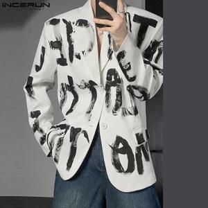 패션 캐주얼 스타일 탑 INCERUN 잘 생긴 남자 예술 손으로 그린 ​​편지 정장 코트 streetwear 남성 모든 경기 긴팔 블레이저