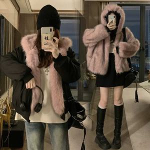 양면 겨울 코트 여성 의류 모조 밍크 모피 모피 후드 코튼 자켓 여성 따뜻한 코튼 패딩 의류 겉옷