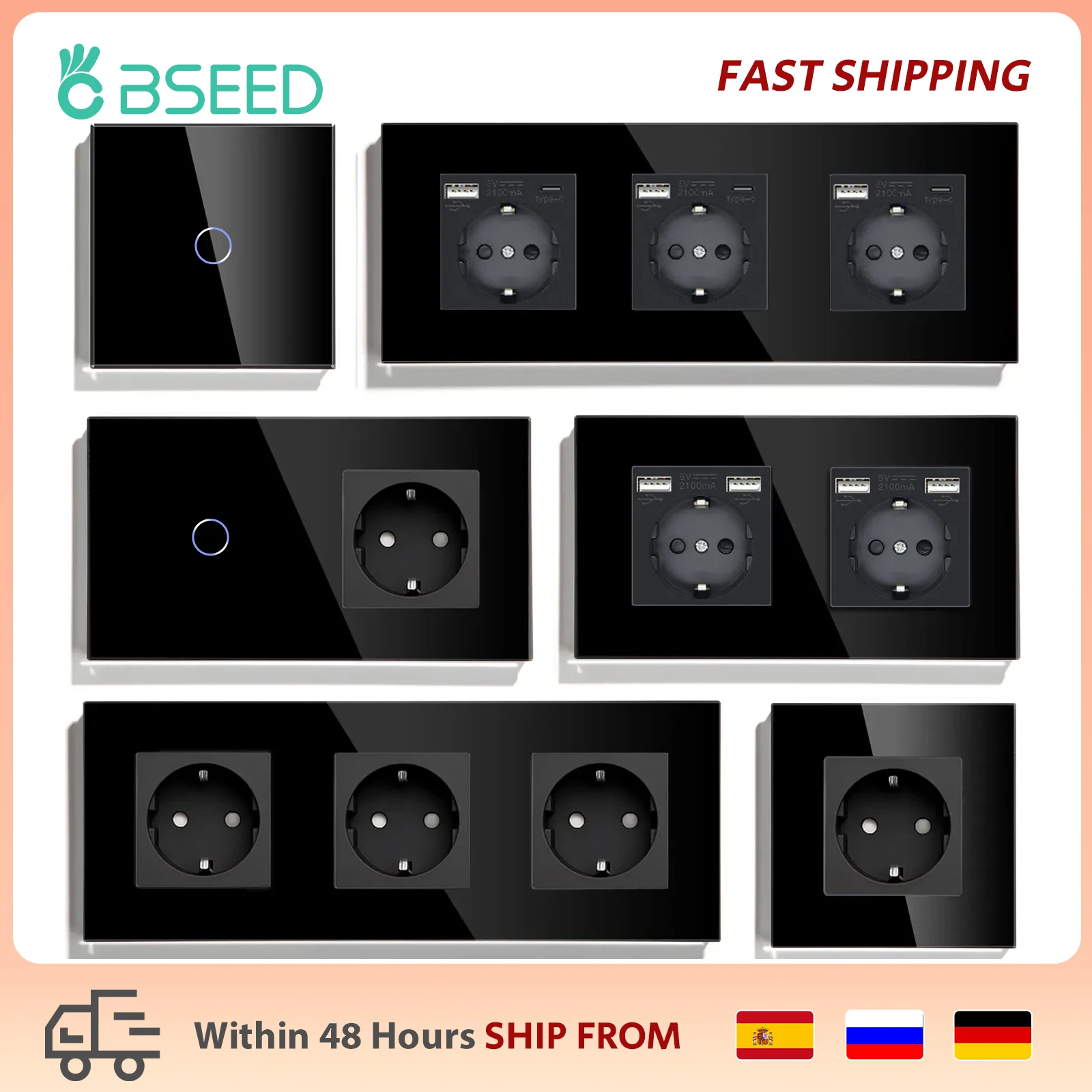 EU USB 벽 소켓이있는 BSEED 터치 라이트 스위치 검은 벽 Led 스위치 1/2/3Gang 1Way 크리스탈 진한 파란색 백라이트 벽 스위치
