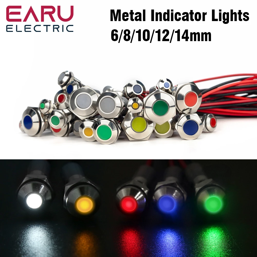 6mm 8mm 10mm 12mm 금속 LED 경고 표시 등 방수 IP65 신호 램프 파일럿 와이어 스위치 3V 5V 12V 220V 빨간색 파란색 흰색