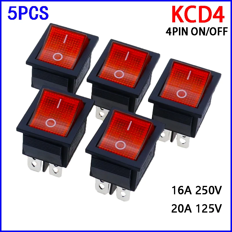 5pcs 2 위치 빨간불 로커 스위치 16A/250V KCD4-20 4 핀 ON/OFF 토글 스위치 35x25.5x10mm