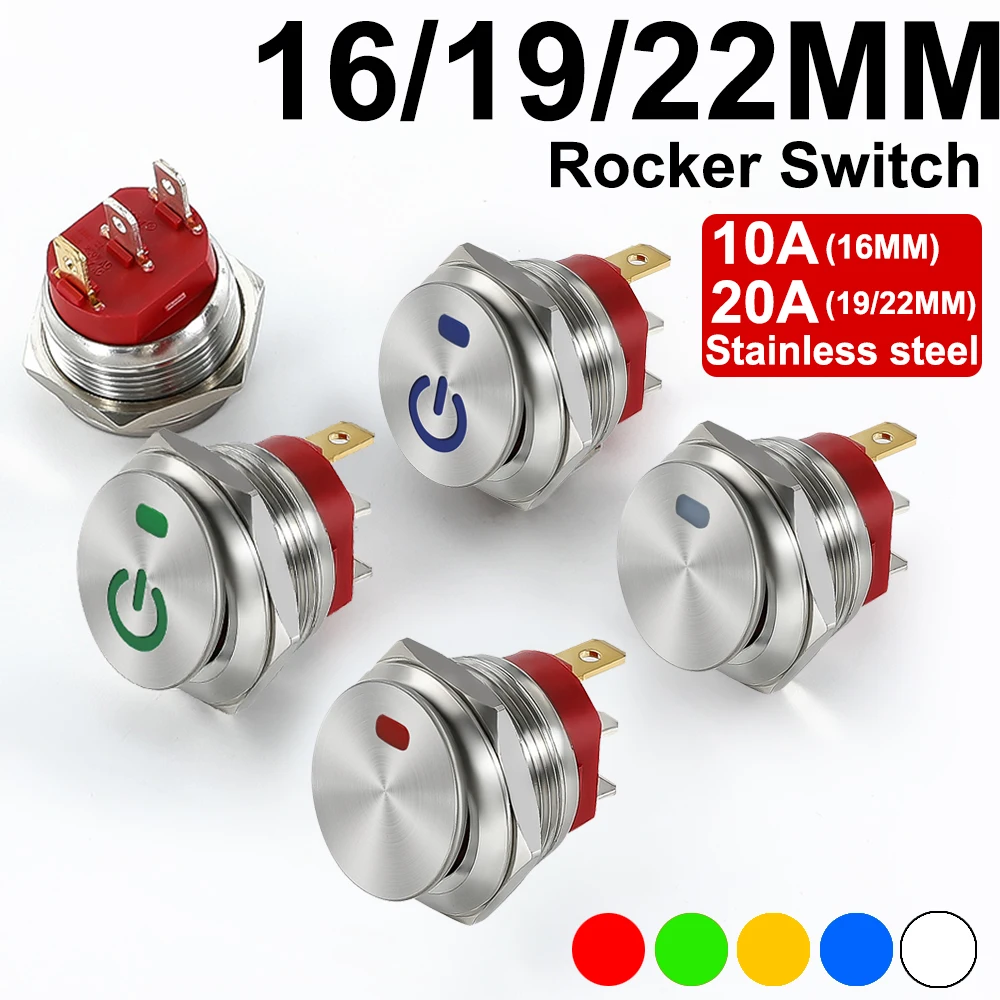 16/19/22mm 금속 버튼 로커 스위치 스테인레스 스틸 12V 20A 자동 잠금 2 위치 자동차 토글 스위치 ON-OFF 220V 15A 3 핀