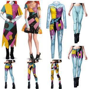할로윈 애니메이션 영화 샐리 코스프레 드레스 파티 세트 의상 크리스마스 여성 슬림 점프 슈트 Catsuit Zentai Bodysuit 고딕 레깅스