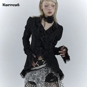 Karrcat 고딕 블랙 레이스 셔츠, 어두운 미적, 불규칙한 블라우스, 야마모토 스타일 그런지 플레어 슬리브, V넥 셔츠, 빈티지 Y2k 이모