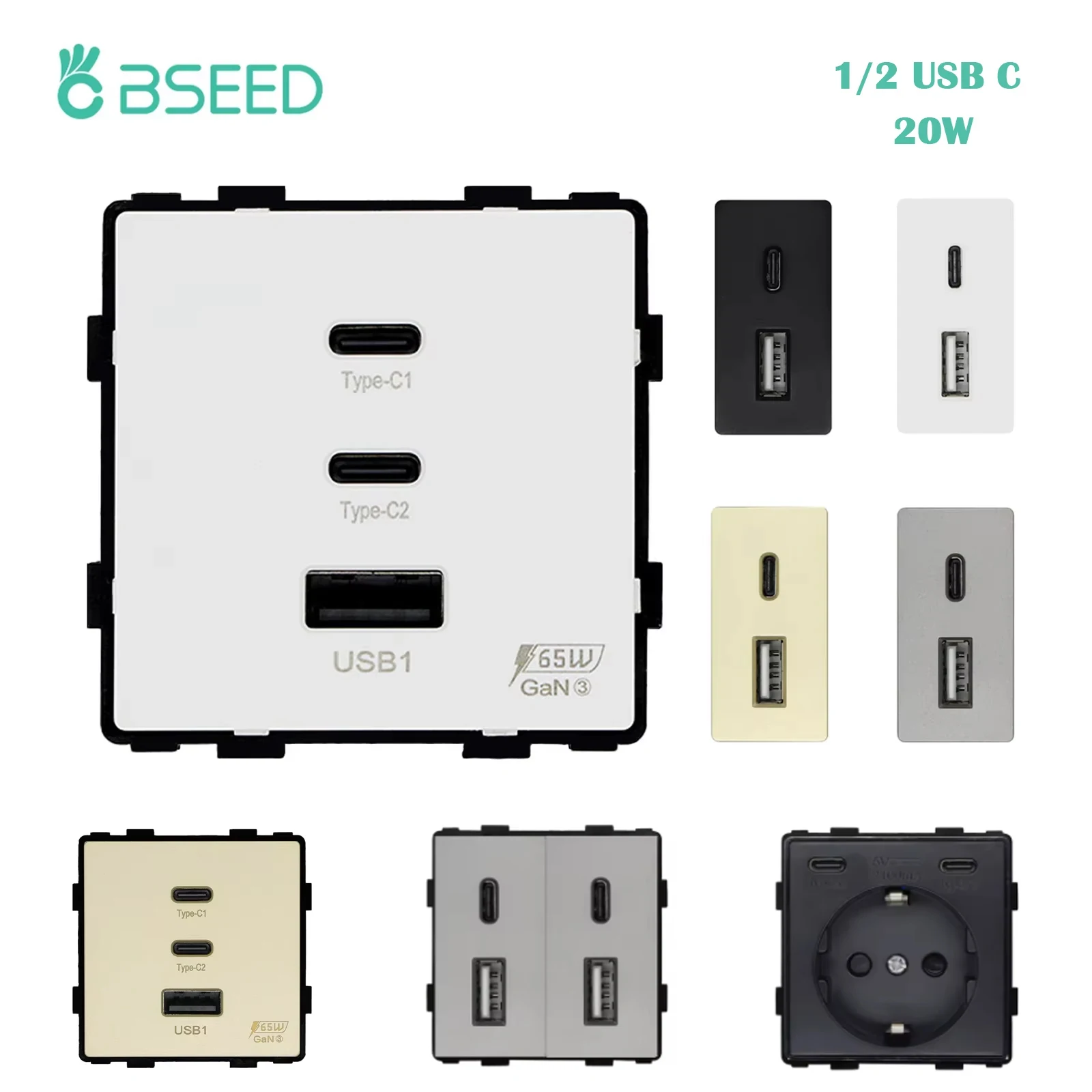 BSEED PD 고속 충전 모듈, 고속 충전 소켓 부품, 1/2 USB C 타입, 20W 벽 전화 충전기 플러그 지지대, BSEED 프레임, 65W