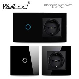 EU 벽 소켓이있는 터치 라이트 스위치 블랙 1 갱 단방향 Led 인터럽터 크리스탈 진한 파란색 백라이트 Wallpad Home Improvemet