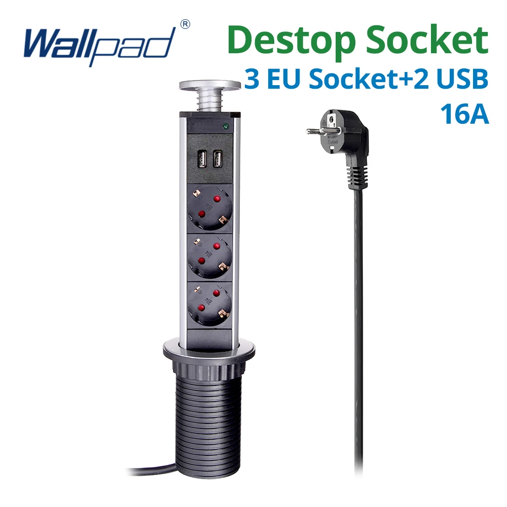 월패드 풀팝업 데스크탑 소켓 3구 2.4A USB 포트 또는 2M 연장 플러그 없음, 주방 테이블용 접이식 알루미늄 바디