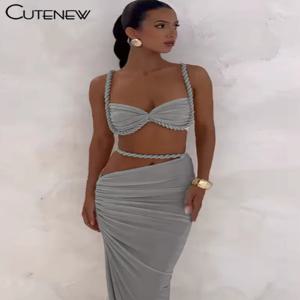 Cutenew 짠 매칭 여성 2 조각 섹시한 휴가 복장 Pleated Crop Camis + Shirring 하이 웨이스트 맥시 스커트 Solid Mujer Sets