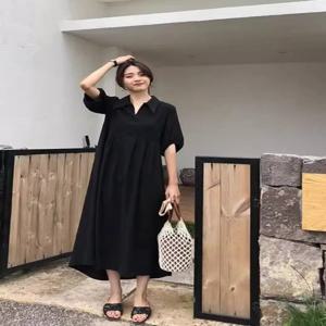 플러스 사이즈 폴로 칼라 드레스 여름 햅번 스타일 느슨한 슬리밍 롱 블랙 드레스 여성 패션 a 라인 스커트 한국 스타일