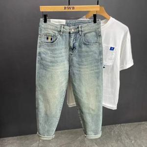 하이 스트리트 남성 Deisgner 청바지 새 봄 가을 라이트 블루 루즈 스트레이트 레그 캐주얼 데님 바지 슬림 피트 워시 바지