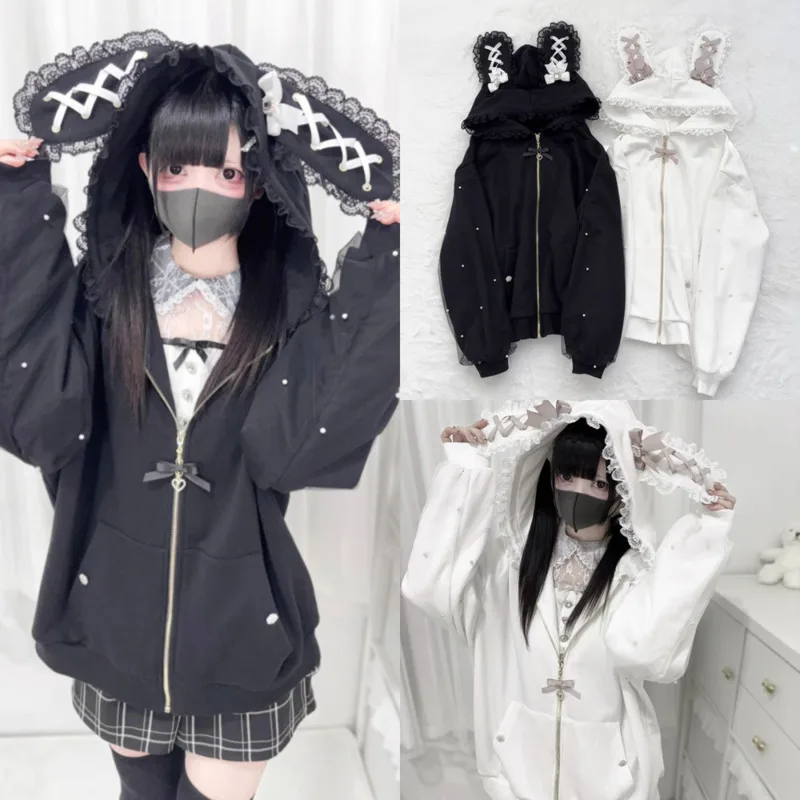 Bunny 까마귀 후드 Y2K 토끼 귀 까마귀 로리타 자켓 보우 걸스 펄 JK 일본 레이스 카와이 지퍼 카디건 긴팔 탑