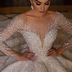 Flavinke 맞춤형 Vestidos De Novia 긴 소매 반짝 이는 볼 가운 웨딩 드레스 Backless Robe Mariage Sequined Vintage Trouwjurk