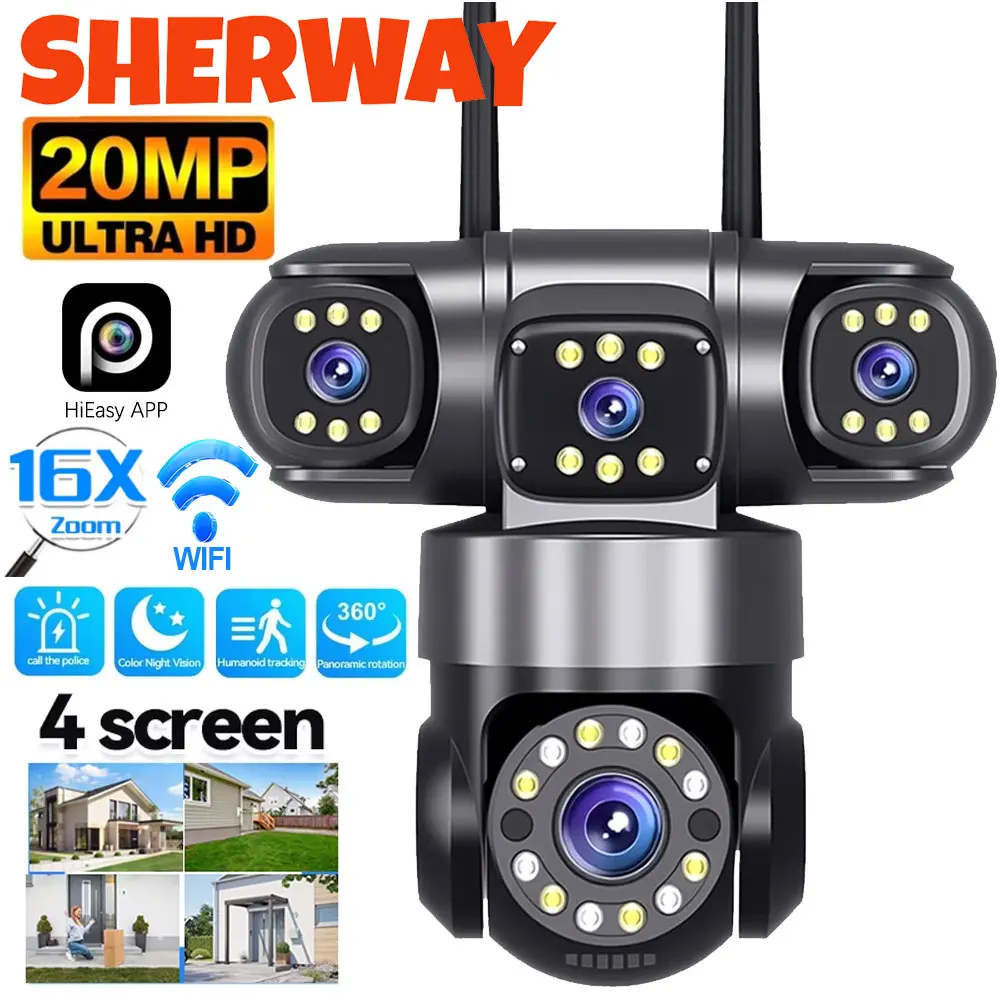 10K 20MP 홈 보안 야외 WiFi 카메라 4 렌즈 4 화면 360 °   16X 줌 CCTV 무선 감시 PTZ 캠 보안 보호