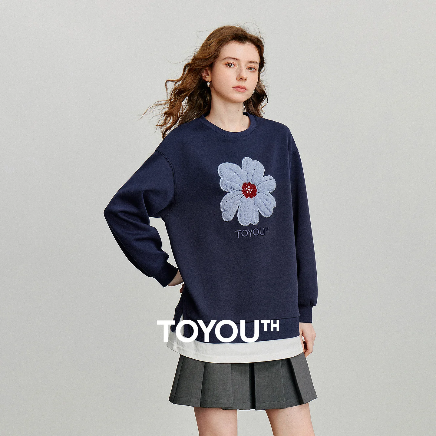 TOYOUTH 여성 후드티 스웨트셔츠 2025 가을 신상 플러시 꽃 프린트 배색 스플라이싱 페이크 투피스 코튼 풀오버