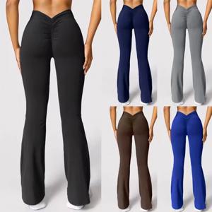 여성 스포츠 요가 바지 Pleated Flared Pants V-Back 엉덩이 리프팅 와이드 레그 하이 웨이스트 31.5 인치 피트니스 스포츠 요가 바지