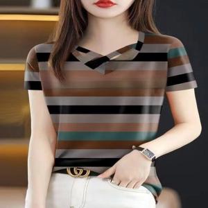 슬리밍 효과 여성용 크로스넥 반팔 스트라이프 배 가리기 엄마 셔츠 베이스 레이어 포켓 포함 사각 스카프