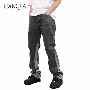 남성용 빈티지 플레어 청바지 Y2k streetwear 닳은 진 바지 헐렁한 힙합 낙서 컬러 블록 슬림 피트 데님 청바지 맨 블랙
