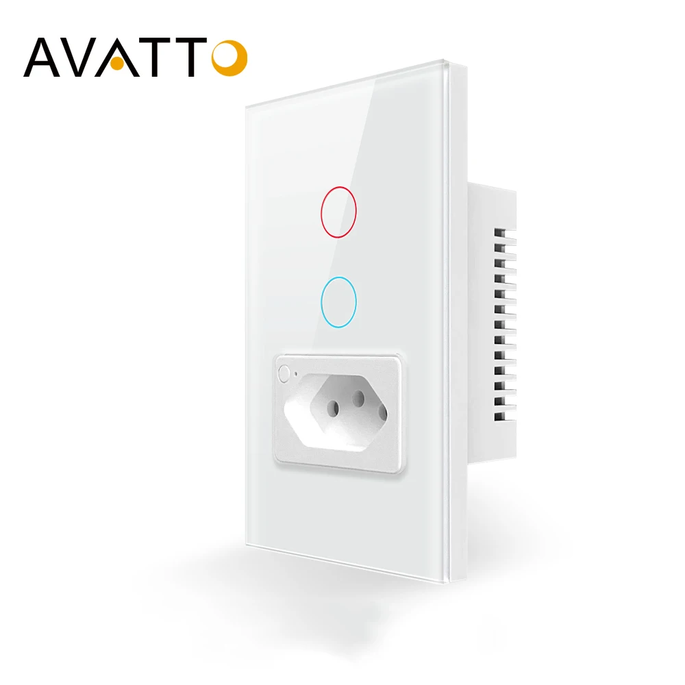 AVATTO WiFi 스마트 벽 스위치 및 소켓 브라질 표준 4X2 유리 패널 1/2 버튼 전등 스위치 Tuya APP, Alexa Google 홈용