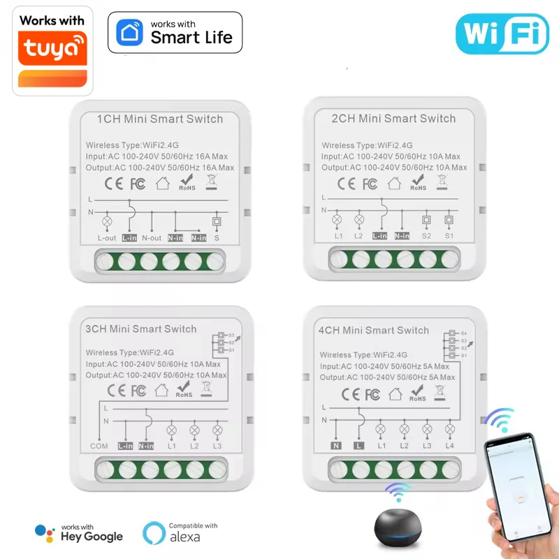 Tuya WIFI 스마트 스위치 모듈 스마트 라이프 1/2/3/4 Gang 2 웨이 제어 스위치 지원 Alexa Google 홈 Alice 음성 제어 타이밍
