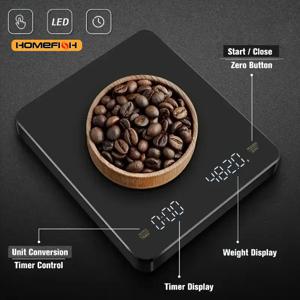 KC2 디지털 충전식 커피 체중계, 타이머 LED 스크린, 에스프레소 USB, 0.1g ~ 3kg, 고정밀 측정 주방 체중계