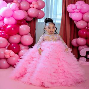 계층화 된 꽃의 소녀 드레스 우아한 Tulle 보석 스팽글 긴 소매 푹신한 공주 아이 생일 선물 공 첫 성찬식 가운
