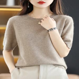 여성 메리노 울 스웨터 캐시미어 풀오버 패션 기본 오 넥 니트웨어 반팔 우아한 티셔츠 의류상의