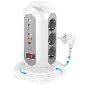 15-in-1 타워형 전원 스트립 2500W, 소켓 9개, USB 충전 포트 6개, 접이식 1.8m 연장 코드 확장 플러그