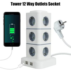 타워형 12구 멀티탭, 수직형 2.8m 연장 코드, EU 플러그, 4개 USB 과부하 보호 스위치 포함, 220V 10A