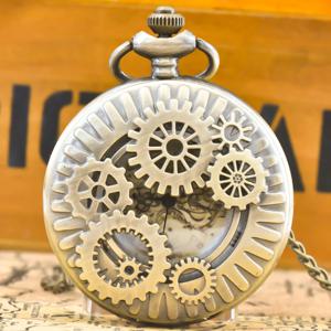 빈티지 청동 Steampunk 구리 컷 아웃 기어 석영 주머니 시계 목걸이 펜던트 시계 체인 남성 여성 체인 선물