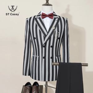 ST Cassy 고품질 남성 정장 패션 스트라이프 이브닝 가운 더블 브레스트 슬림 피트 2 피스 자켓 바지